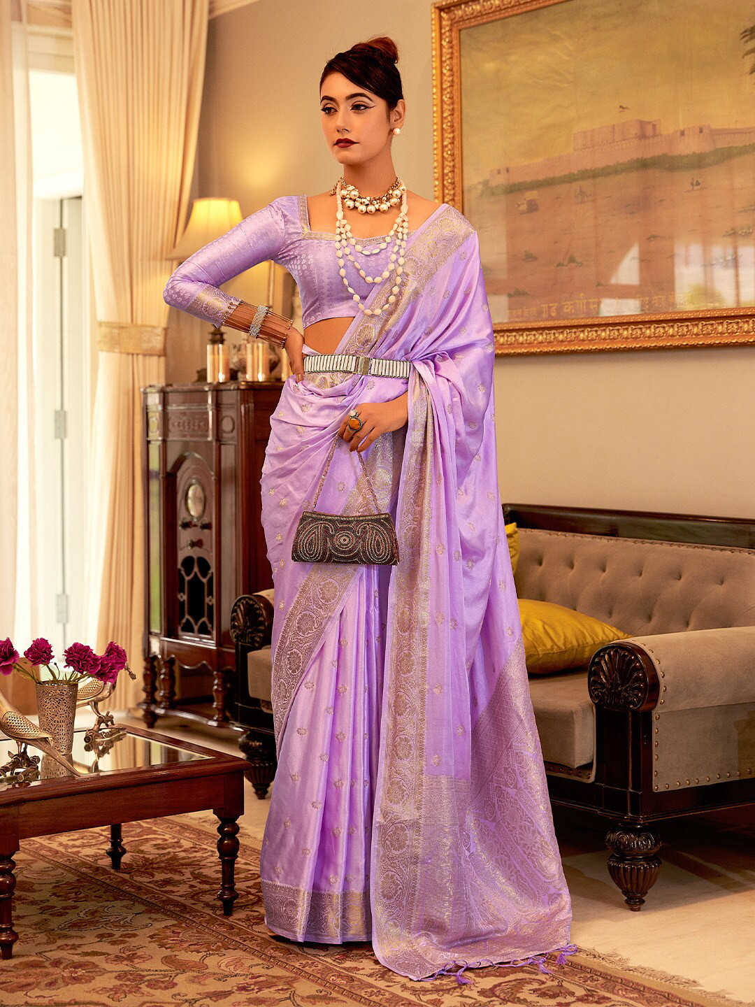

KARAGIRI Ethnic Motifs Woven Design Zari Silk Blend Saree, Purple
