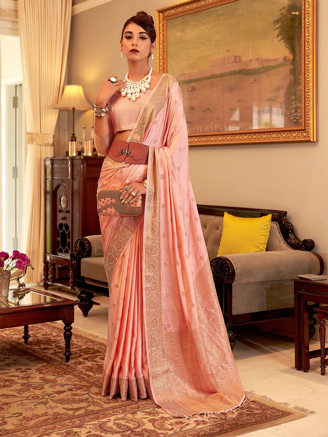

KARAGIRI Ethnic Motifs Woven Design Zari Silk Blend Saree, Peach