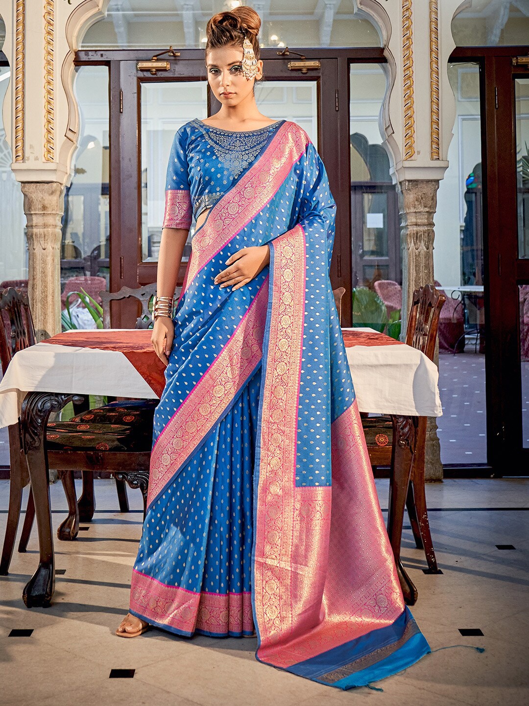 

KARAGIRI Ethnic Motifs Woven Design Zari Silk Blend Banarasi Saree, Blue