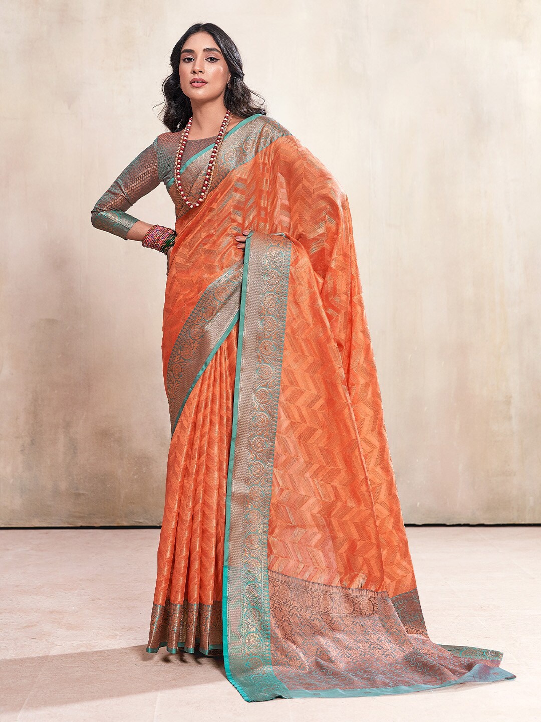 

KARAGIRI Geometric Woven Design Zari Tissue Saree, Orange