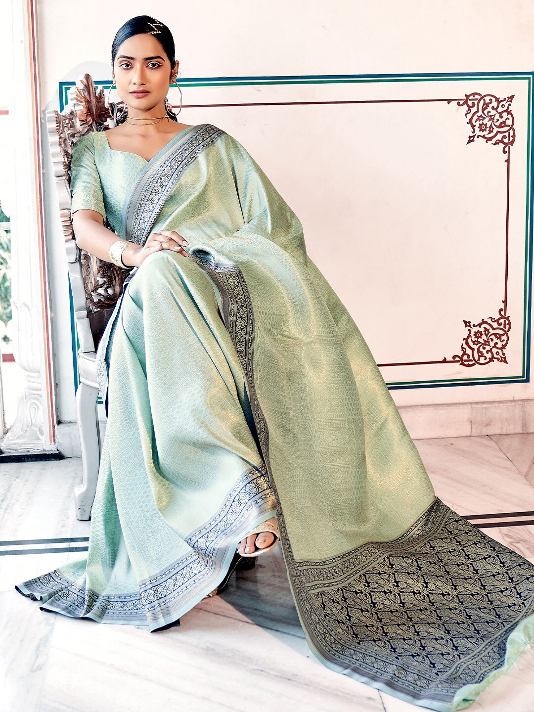 

KARAGIRI Ethnic Motifs Woven Design Zari Silk Blend Kanjeevaram Saree, Blue