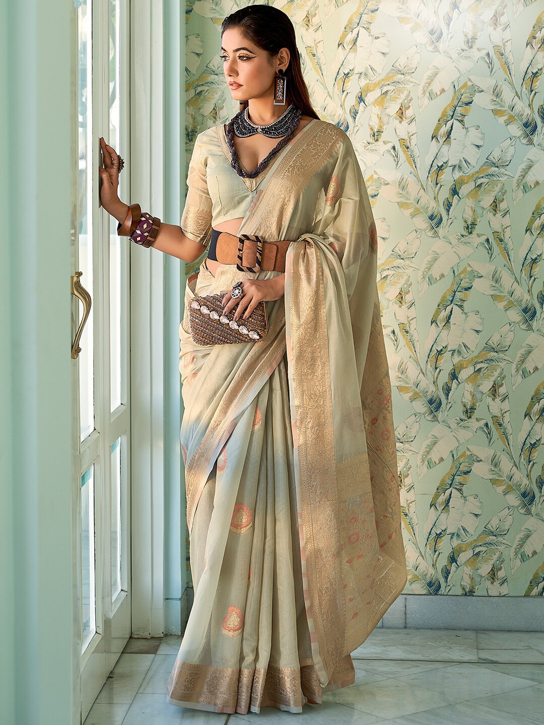 

KARAGIRI Ethnic Motifs Woven Design Zari Kota Saree, Grey