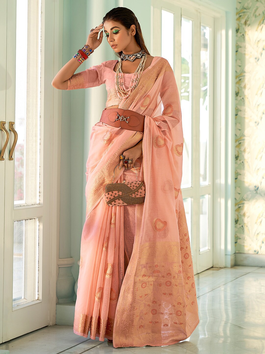 

KARAGIRI Paisley Woven Design Zari Kota Saree, Peach