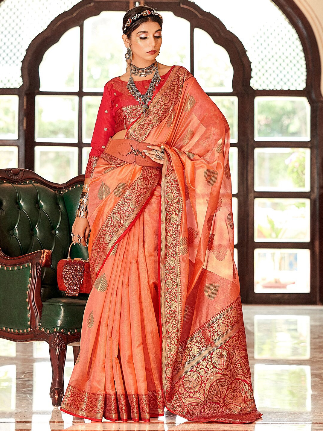 

KARAGIRI Ethnic Motifs Woven Design Zari Silk Blend Saree, Orange