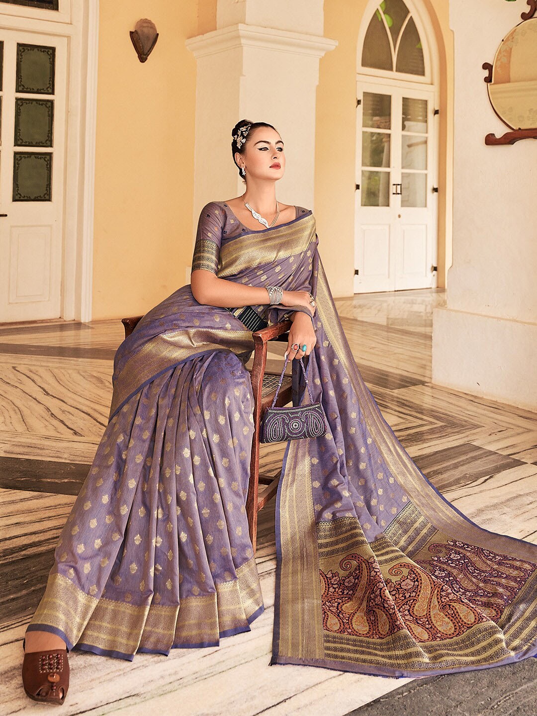 

KARAGIRI Ethnic Motifs Woven Design Zari Silk Blend Banarasi Saree, Purple