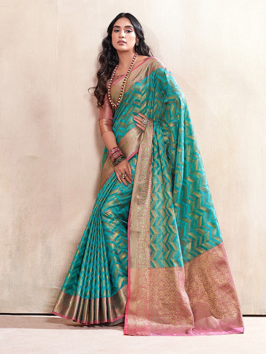 

KARAGIRI Geometric Woven Design Zari Tissue Saree, Blue