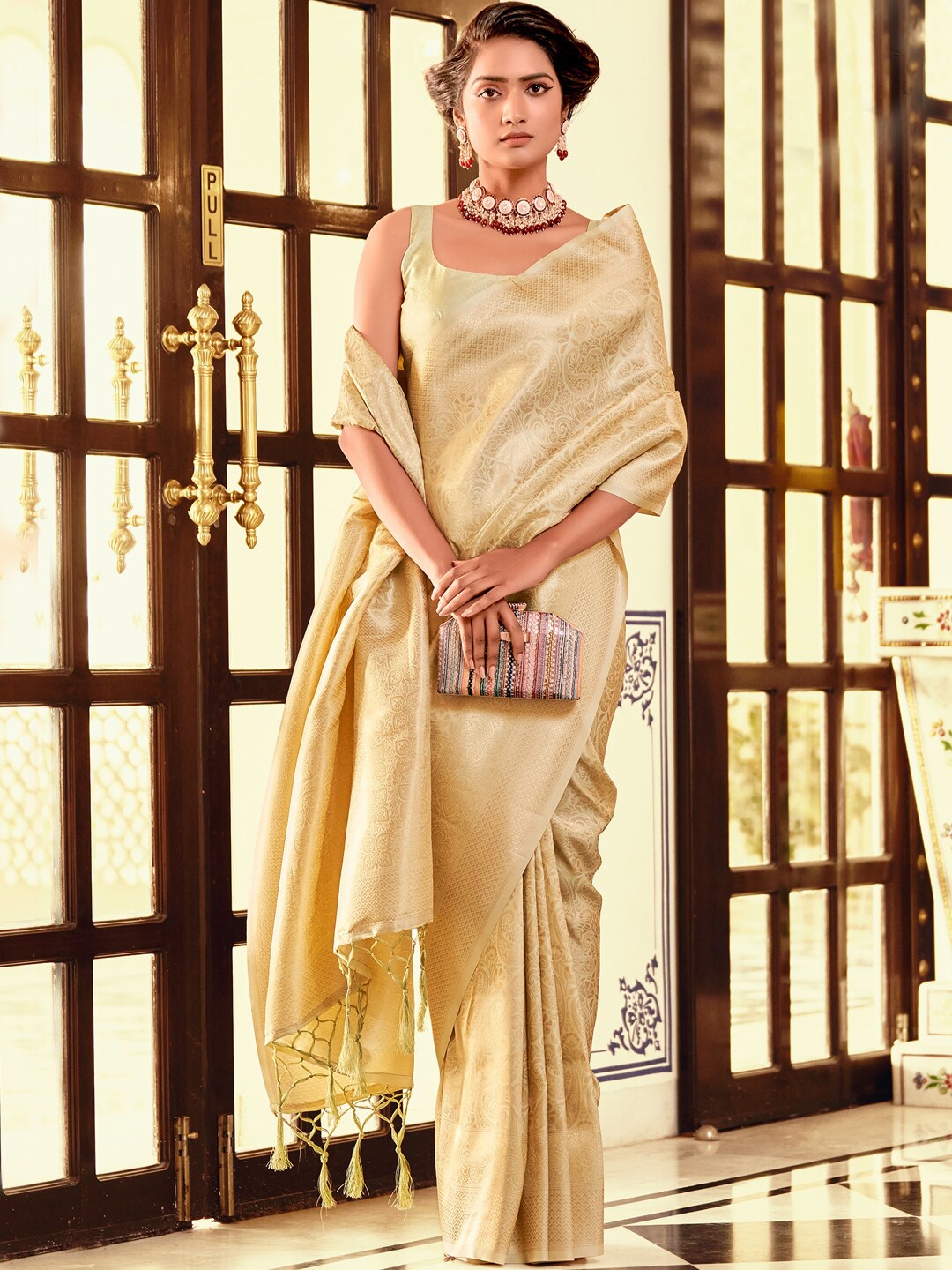 

KARAGIRI Ethnic Motifs Woven Design Zari Silk Blend Kanjeevaram Saree, Yellow