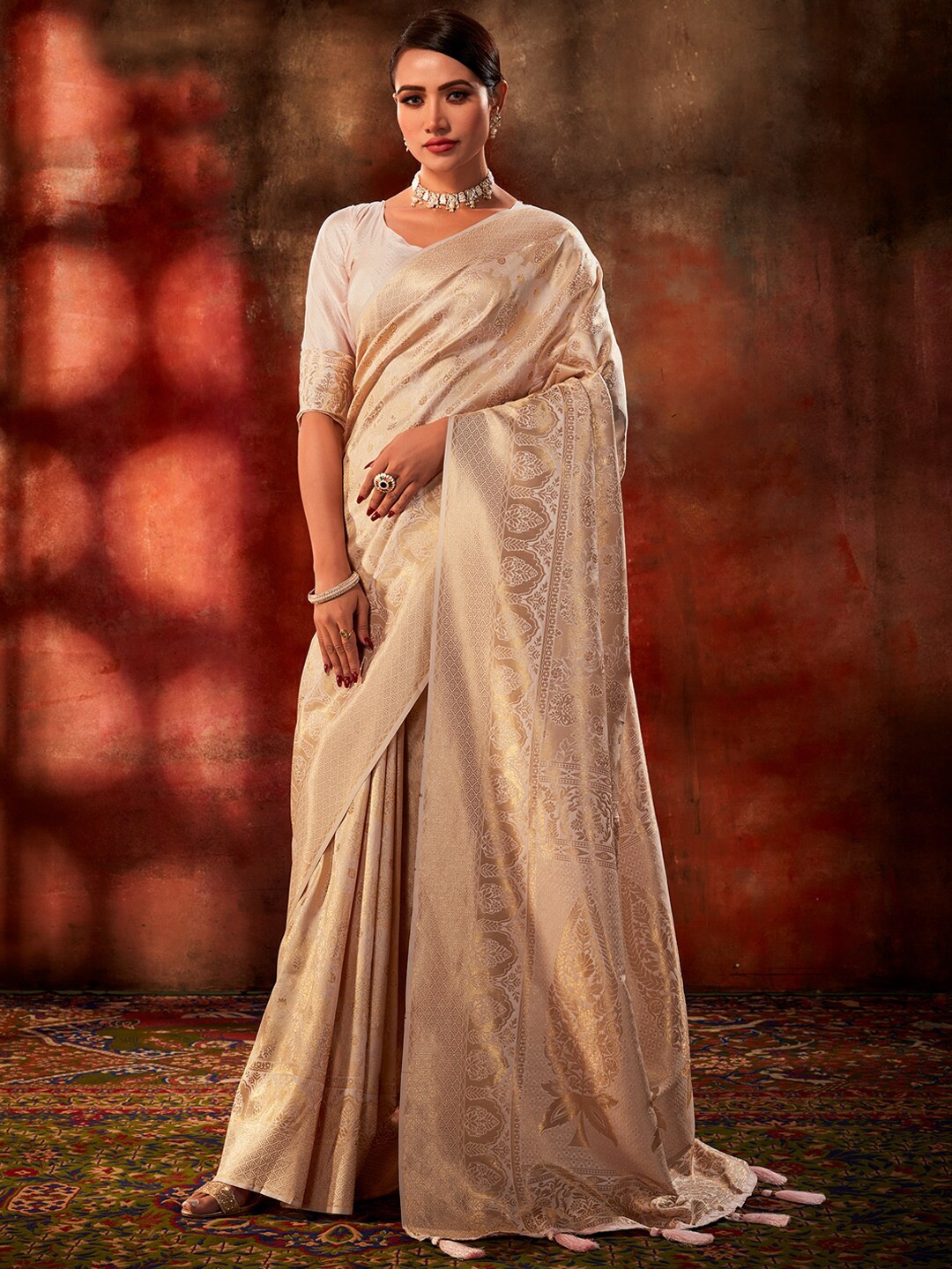 

KARAGIRI Ethnic Woven Design Zari Kanjeevaram Saree, Cream