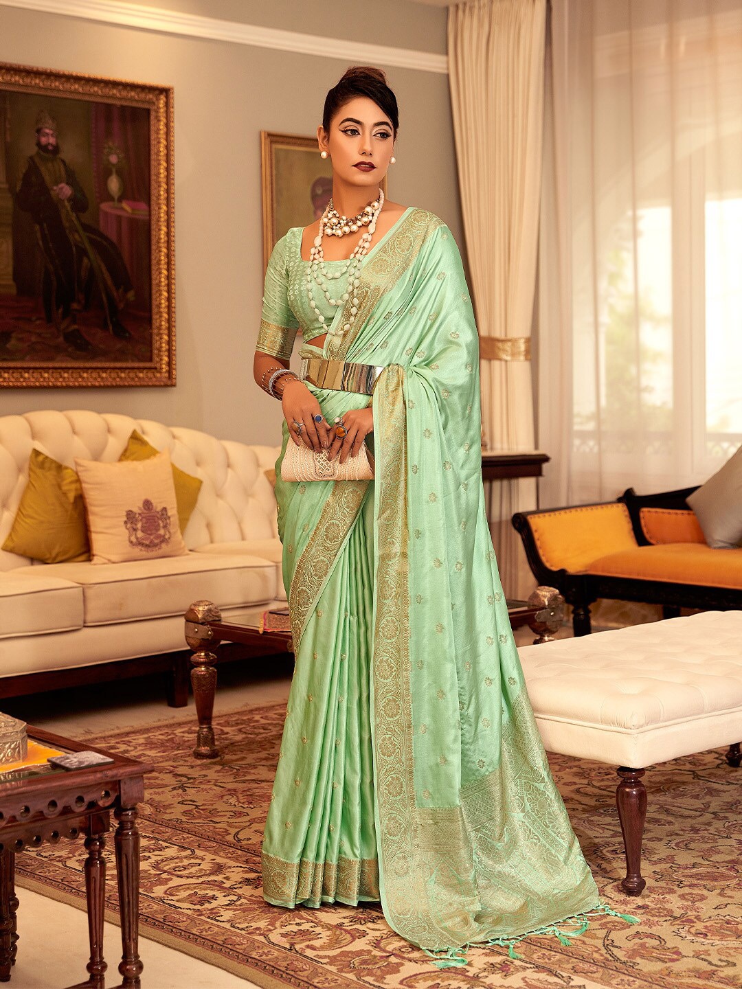 

KARAGIRI Ethnic Motifs Woven Design Zari Saree, Green