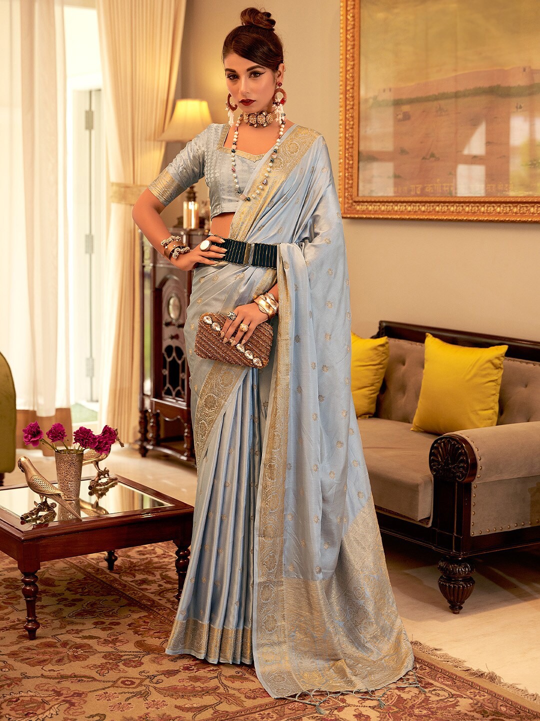 

KARAGIRI Ethni Motifs Woven Design Zari Silk Blend Saree, Grey