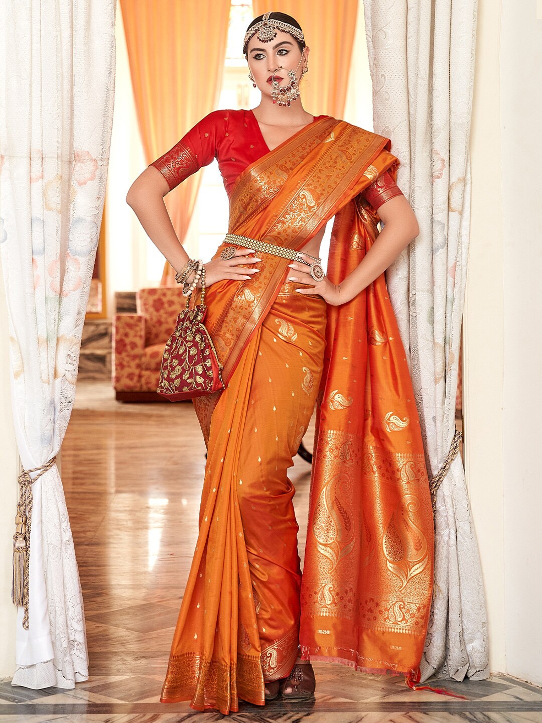 

KARAGIRI Ethnic Motifs Woven Design Zari Banarasi Saree, Orange