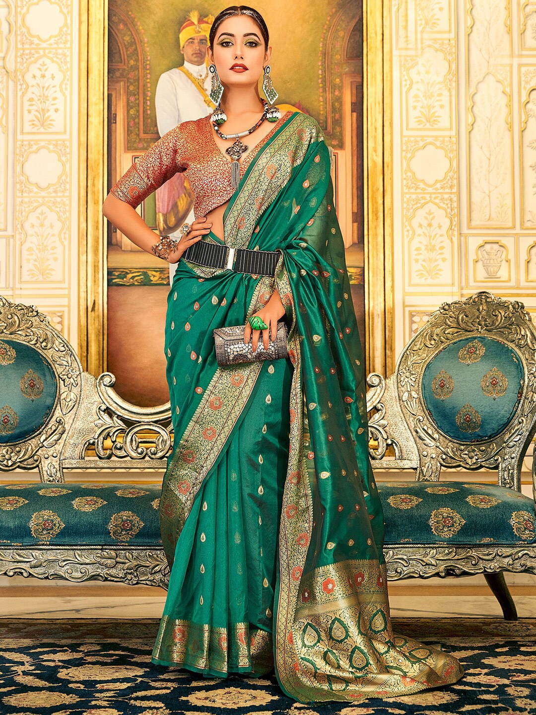 

KARAGIRI Ethnic Motifs Woven Design Zari Organza Saree, Green