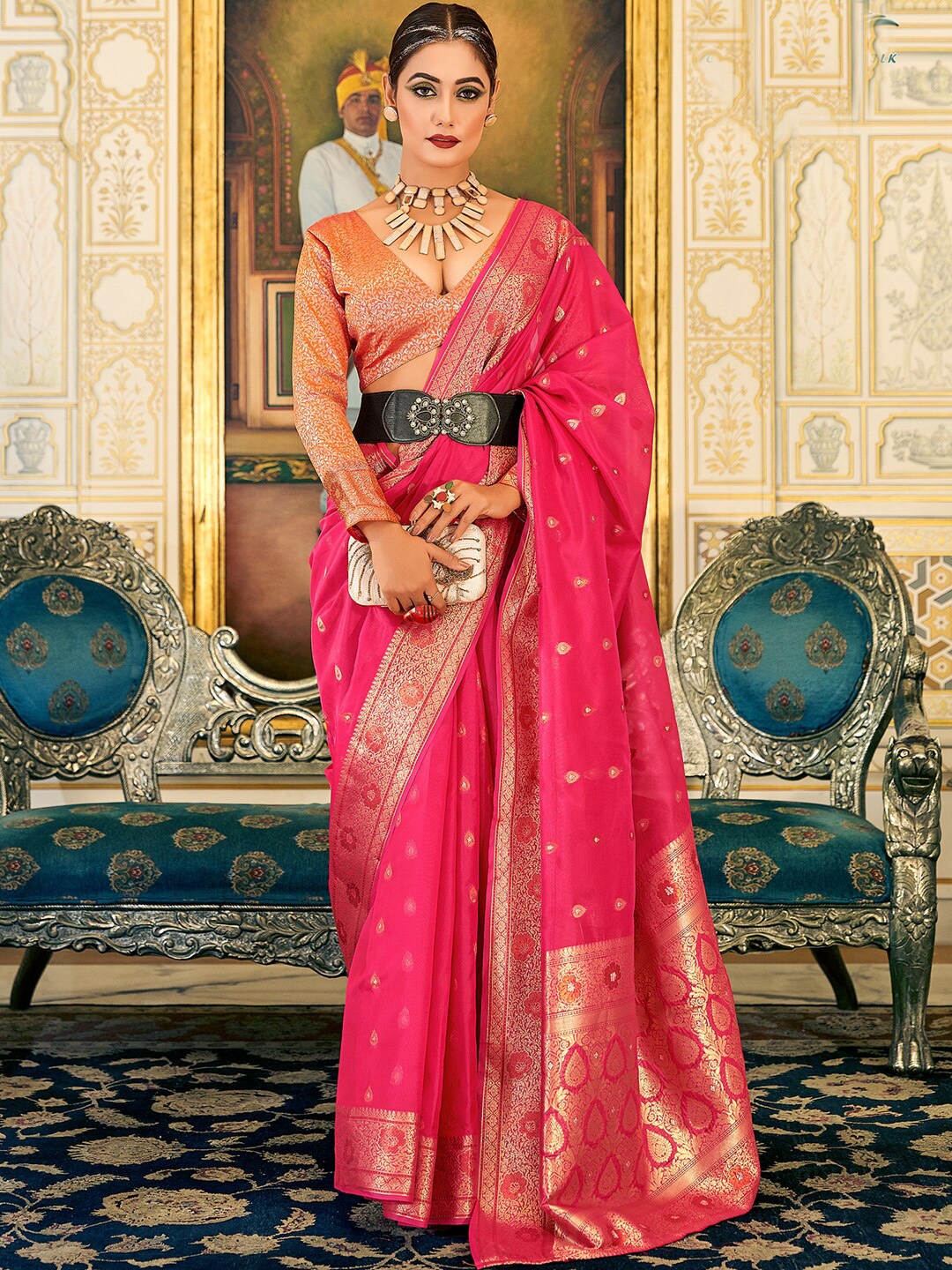 

KARAGIRI Ethnic Motifs Woven Design Zari Organza Saree, Pink