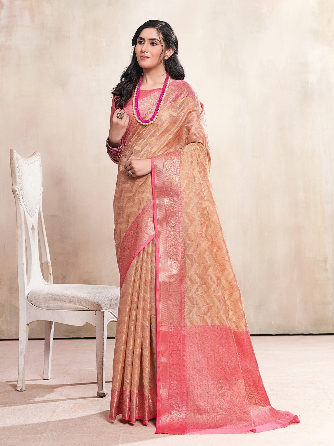 

KARAGIRI Geometric Woven Design Zari Saree, Beige