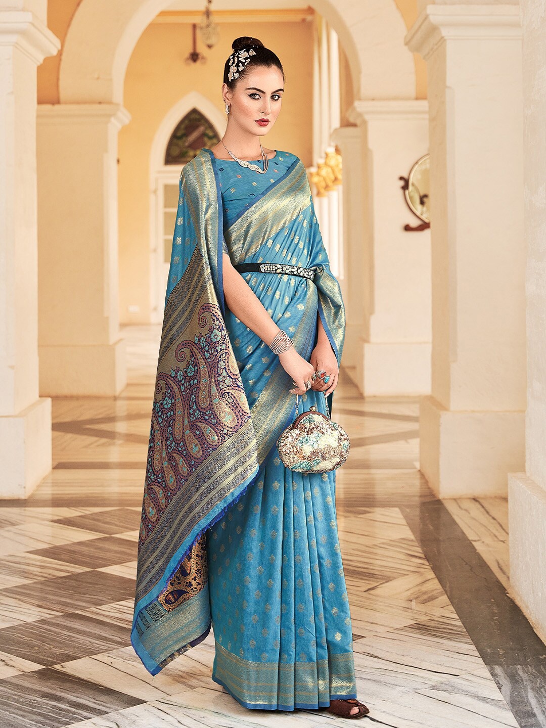 

KARAGIRI Ethnic Motif Zari Pure Silk Banarasi Saree With Blouse Piece, Blue