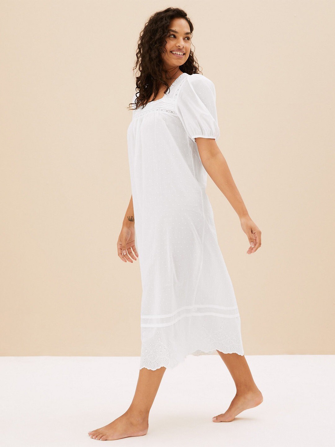 

Marks & Spencer Self Design Printed Square Neck Pure Cotton Midi Night Dress, White