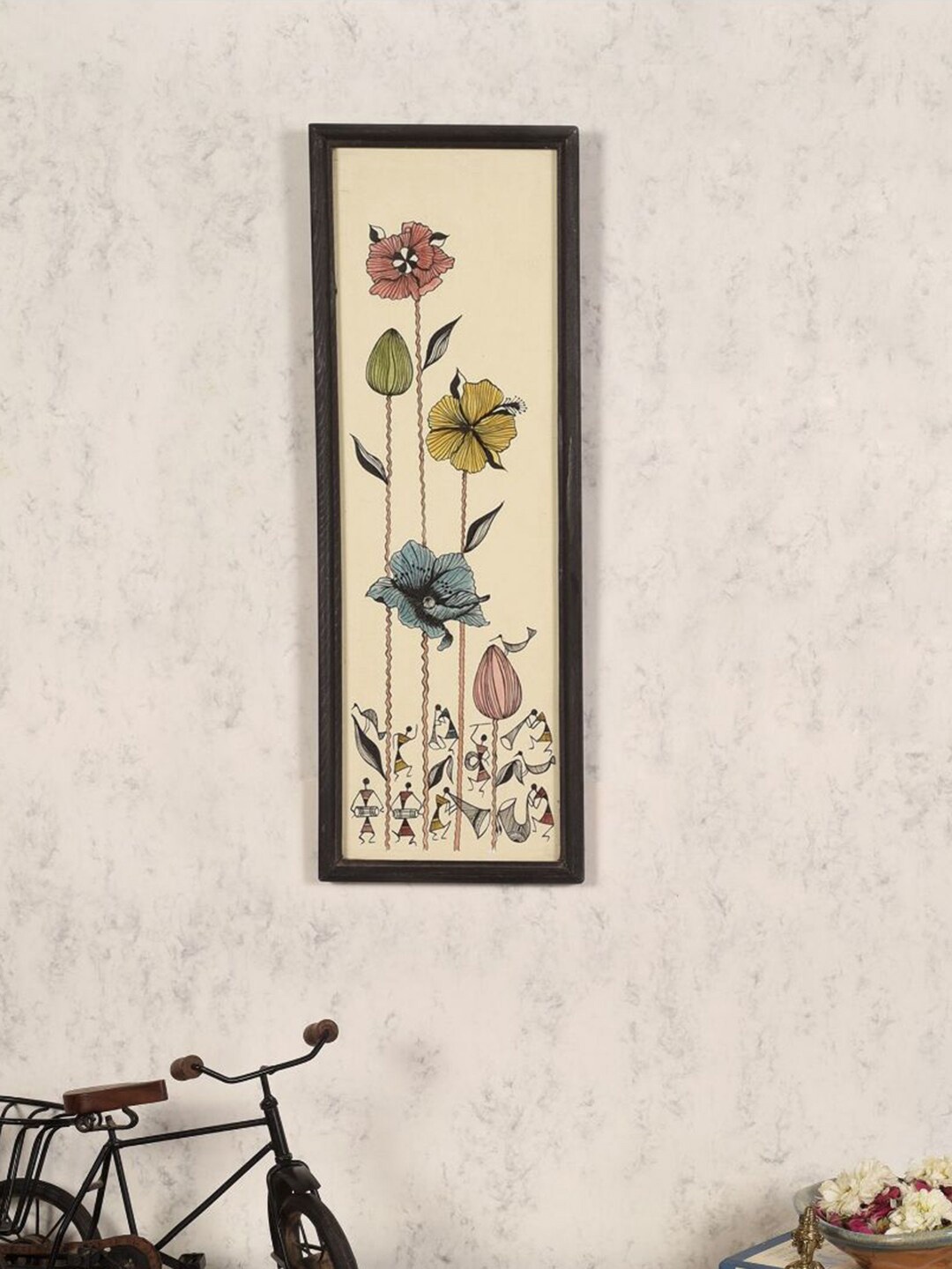 

AAKRITI ART CREATIONS Beige & Red Handpainted Chromatic Petals Warli Framed Wall Art