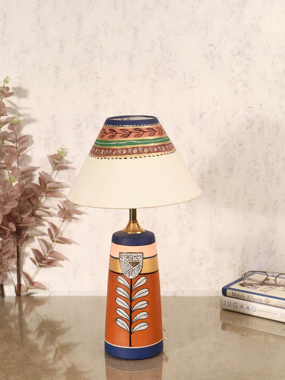 

AAKRITI ART CREATIONS Botanical Blooms Orange Printed Terracotta Table Lamps