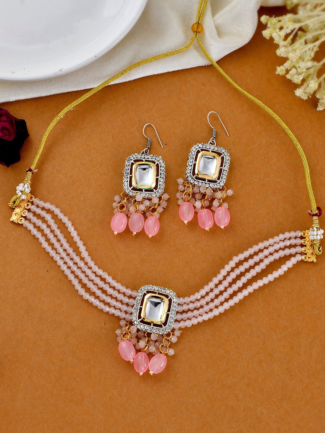 

Silvermerc Designs Silver-Plated Kundan-Studded & Beaded Jewellery Set