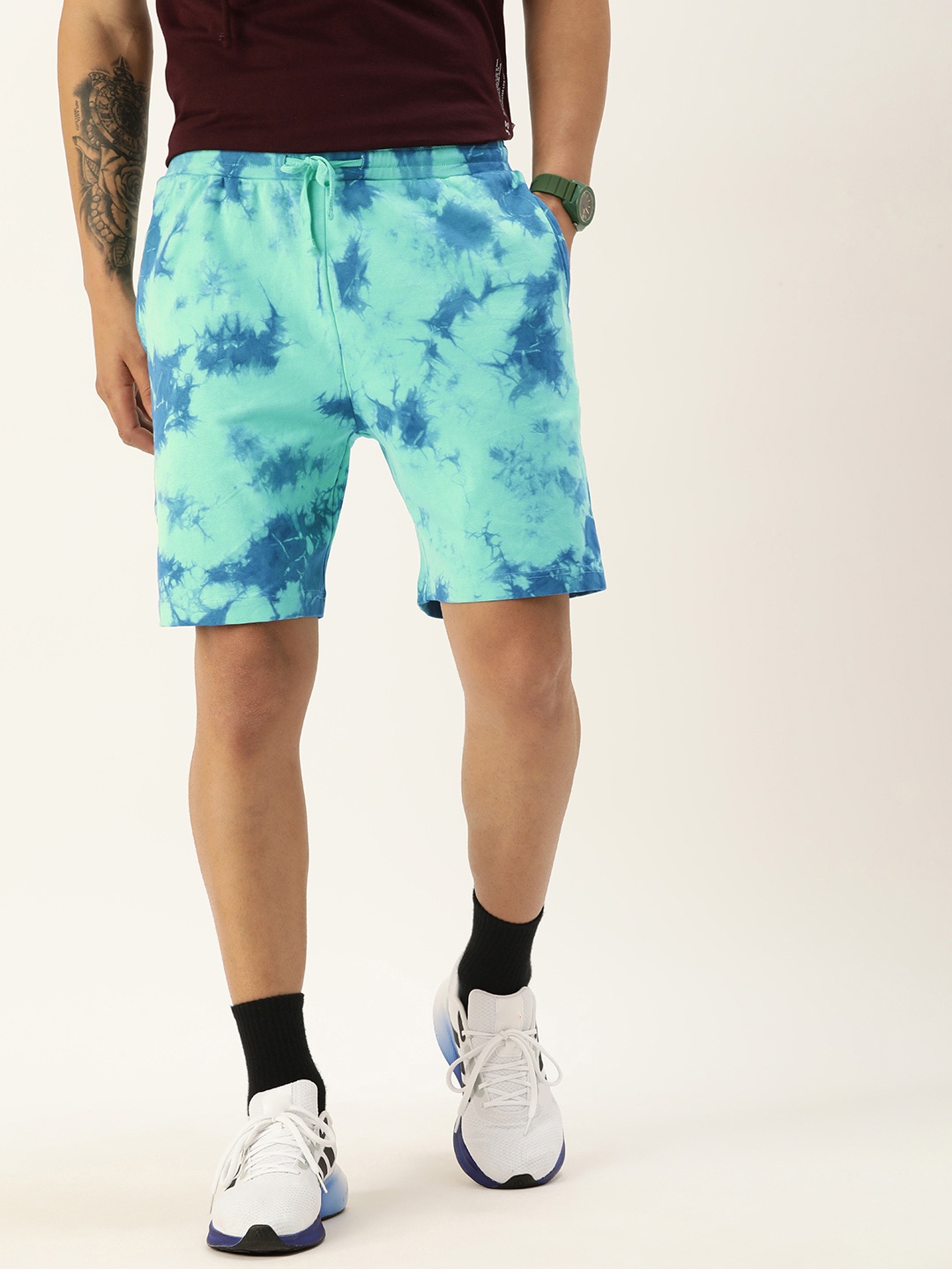 

Kook N Keech Men Tie & Dye Loose Fit Pure Cotton Shorts, Sea green