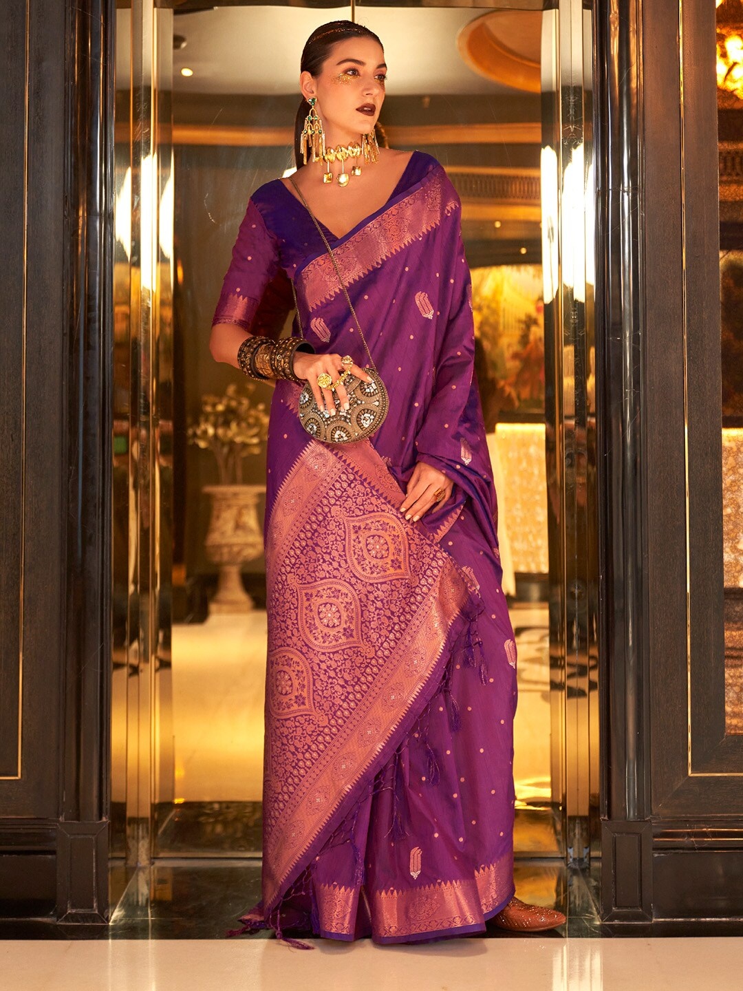 

KARAGIRI Ethnic Motifs Woven Design Zari Silk Blend Tussar Saree, Violet