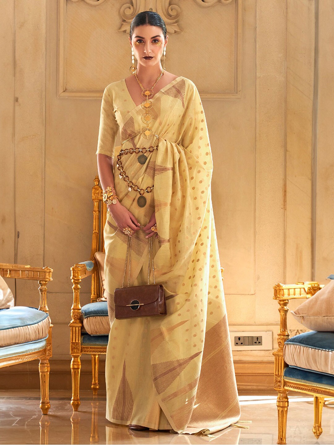

KARAGIRI Woven Design Zari Silk Blend Tussar Saree, Yellow