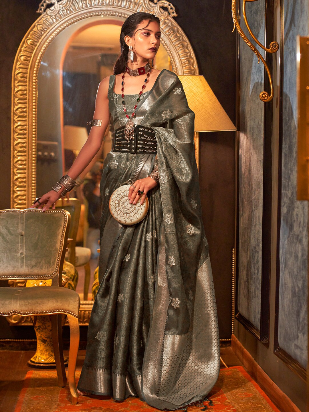 

KARAGIRI Woven Design Zari Organza Saree, Green