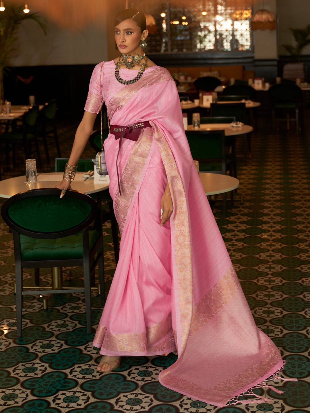 

KARAGIRI Zari Silk Blend Tussar Saree, Pink