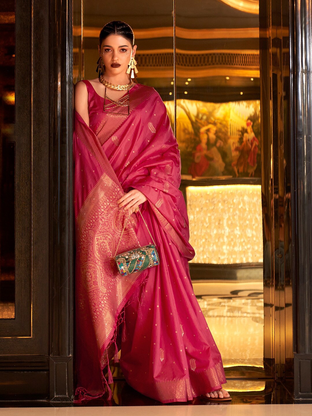

KARAGIRI Ethnic Motifs Woven Design Zari Silk Blend Tussar Saree, Pink