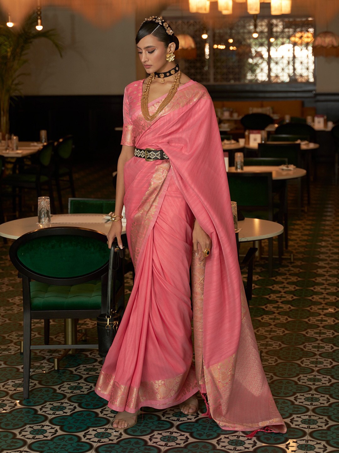 

KARAGIRI Zari Silk Blend Tussar Saree, Pink