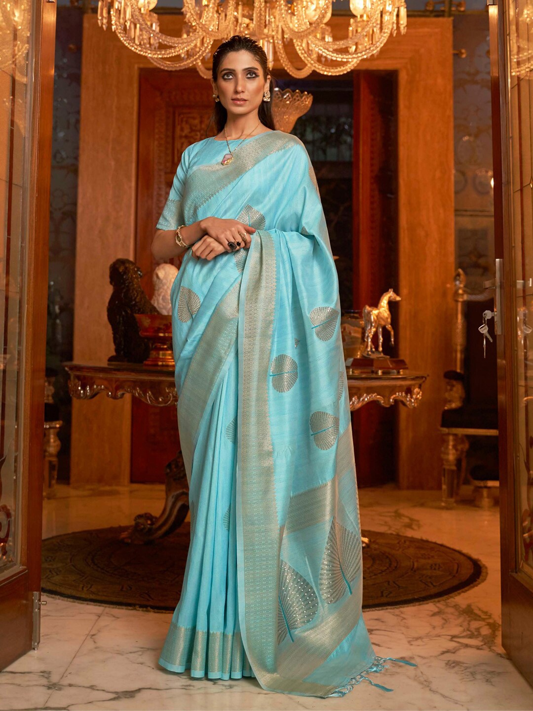 

KARAGIRI Ethnic Motifs Woven Design Zari Silk Blend Banarasi Saree, Blue