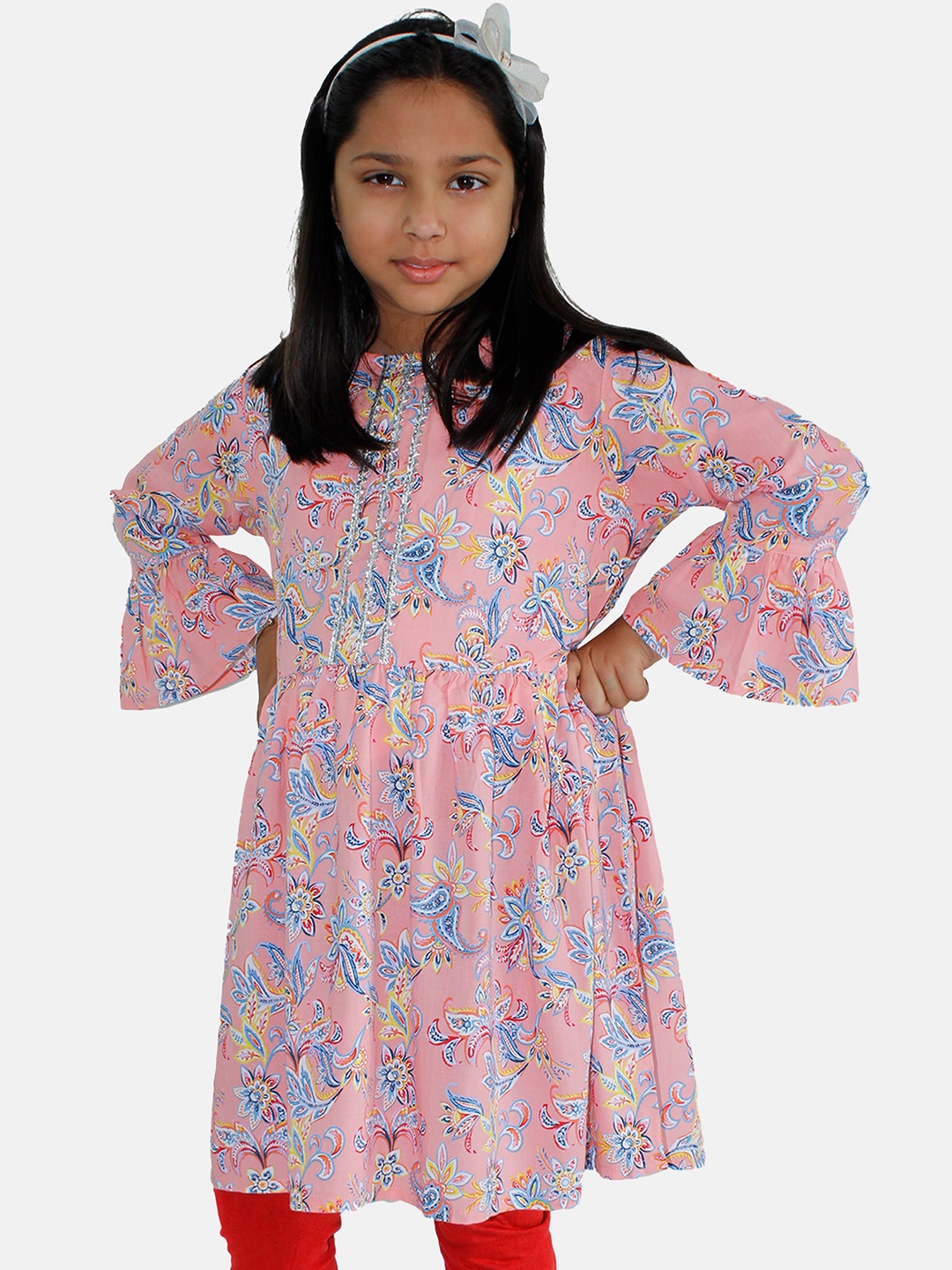 

KiddoPanti Boat Neck Flared Sleeve Hem A-Line Gathered Gotta Patti Kurta, Pink