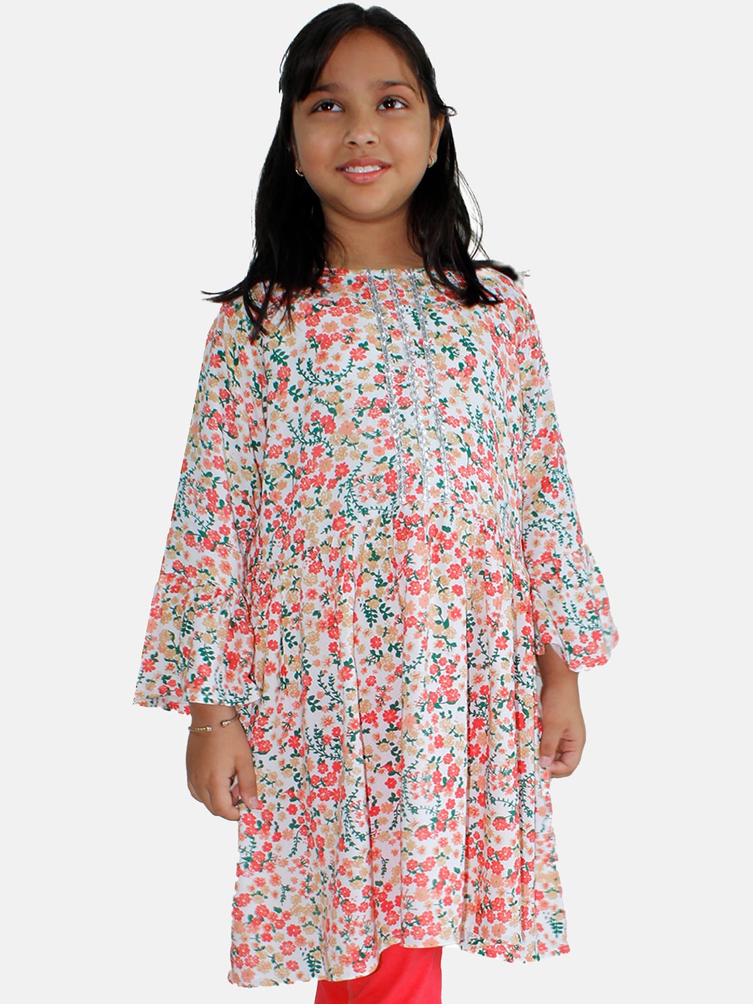 

KiddoPanti Girls Floral Printed Boat Neck Gotta Patti A-Line Pleated Kurta, Off white