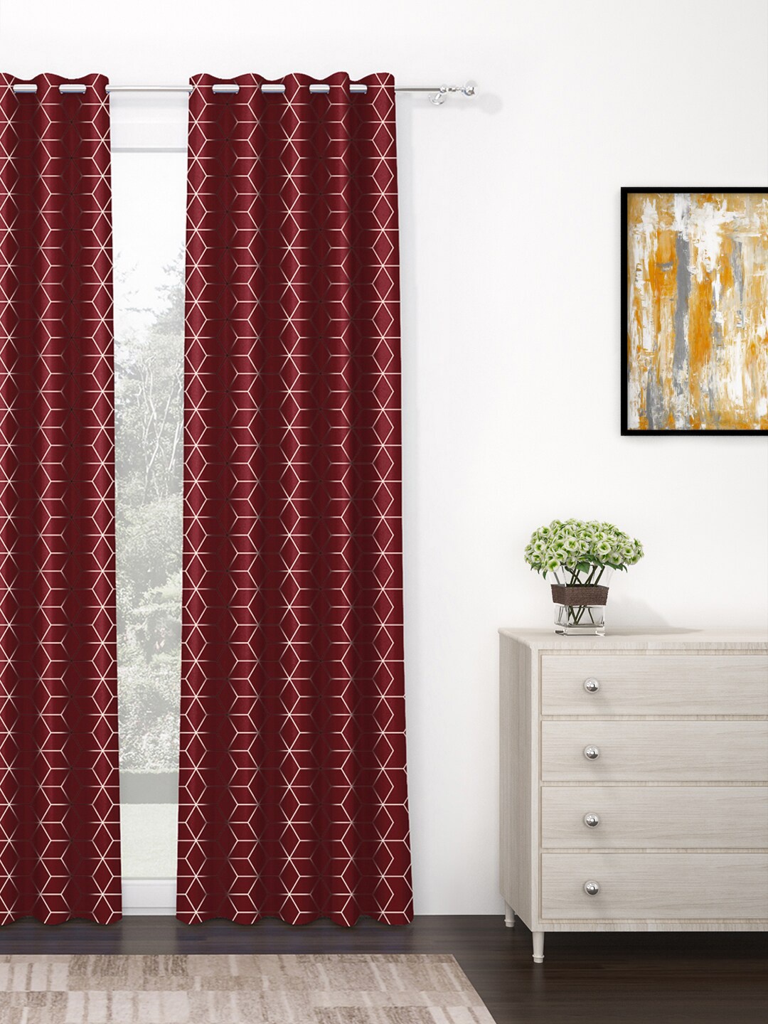

Story@home Maroon & White Geometric Black Out Door Curtain