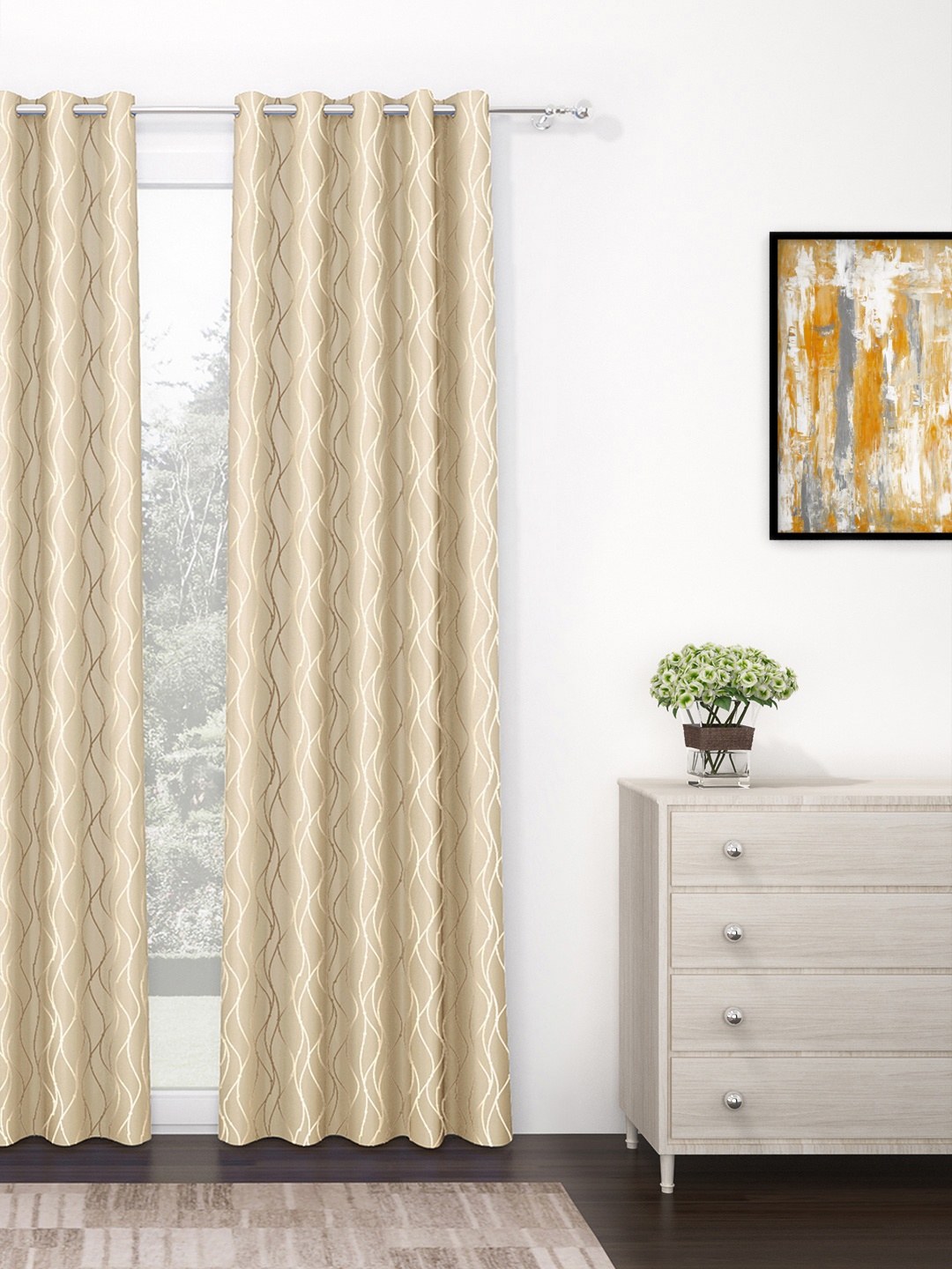 Story@home Beige & Off White Abstract Black Out Long Door Curtain