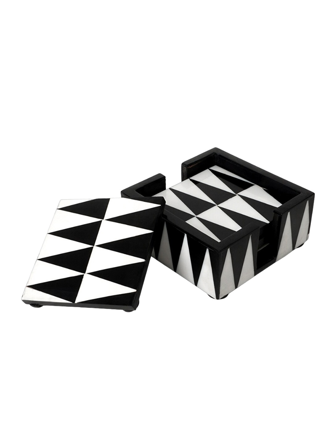 

CASA DECOR Trendy Noir Black & White 4 Pieces Printed Wood Coaster Set With Holder