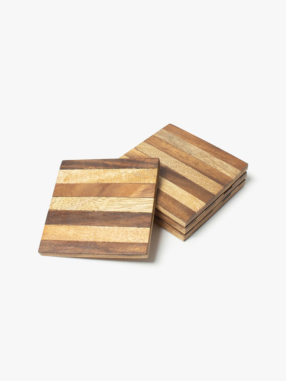 

CASA DECOR Sylvan Brown 4 Pieces Striped Wooden Coasters