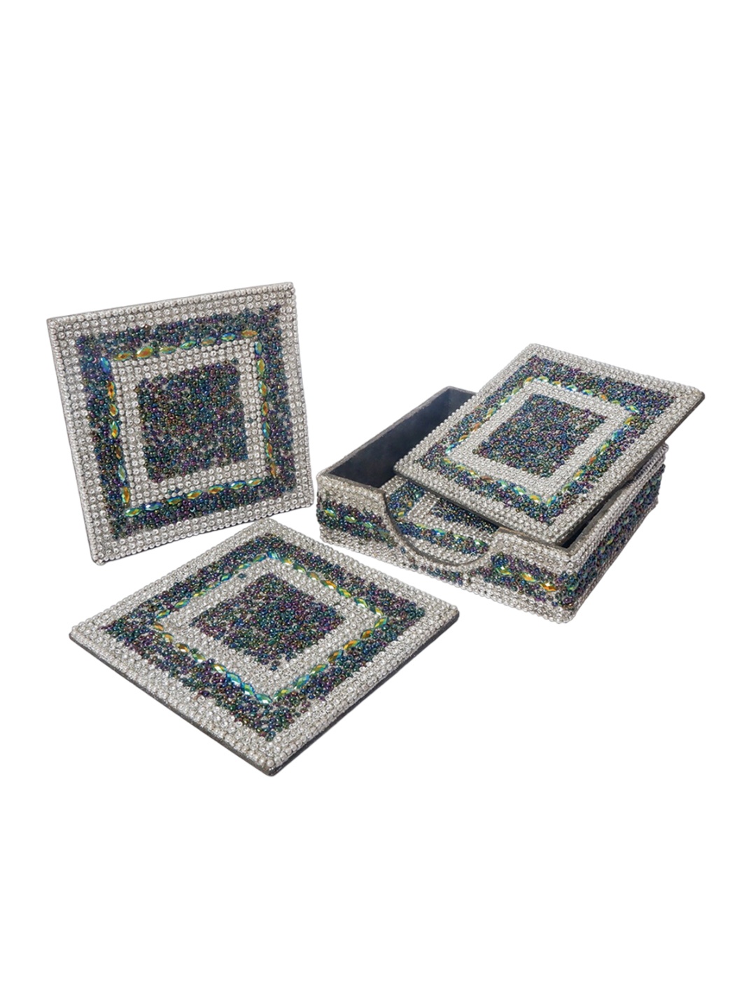 

CASA DECOR Bedazzled Grey 4 Pieces Stone-Studded Square Wooden Coasters