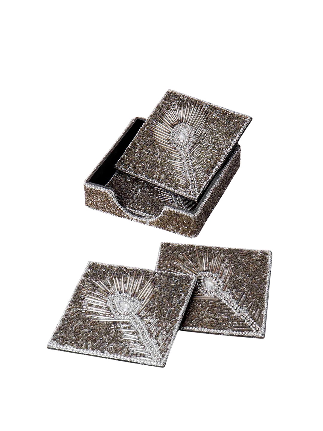 

CASA DECOR Colourful Canvas Grey 4 Pieces Beaded Wooden Coasters