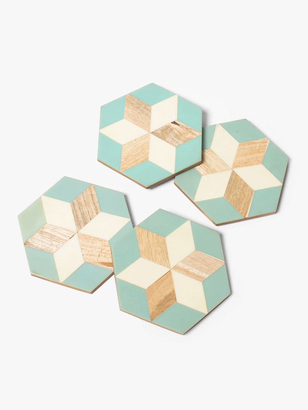 

CASA DECOR Geometrix 4-Pcs Blue & Brown Coloublocked Wooden Coasters