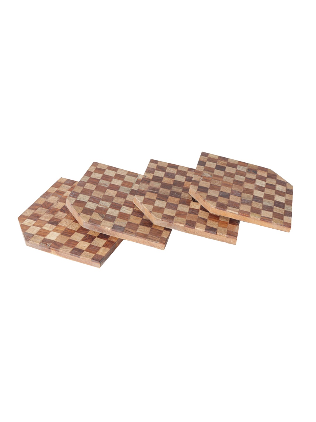 

CASA DECOR Geometrix Brown & Beige 4 Pieces Edgy Checked Wooden Coasters