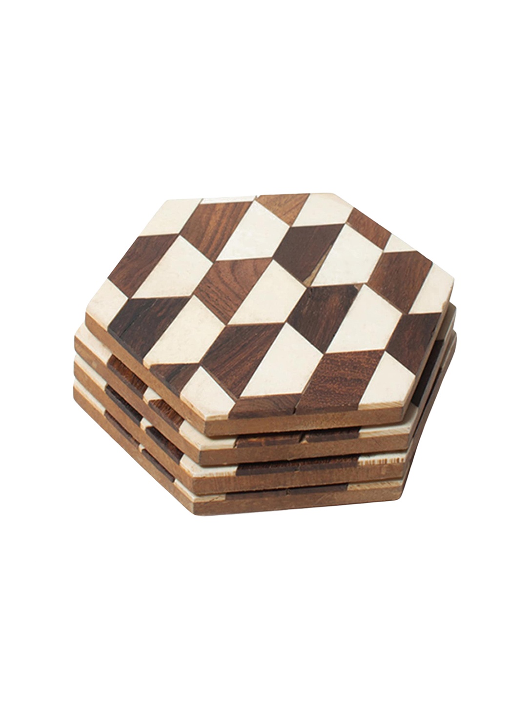 

CASA DECOR Geometrix Brown & White 4-Pieces Geometrical Wooden Coasters