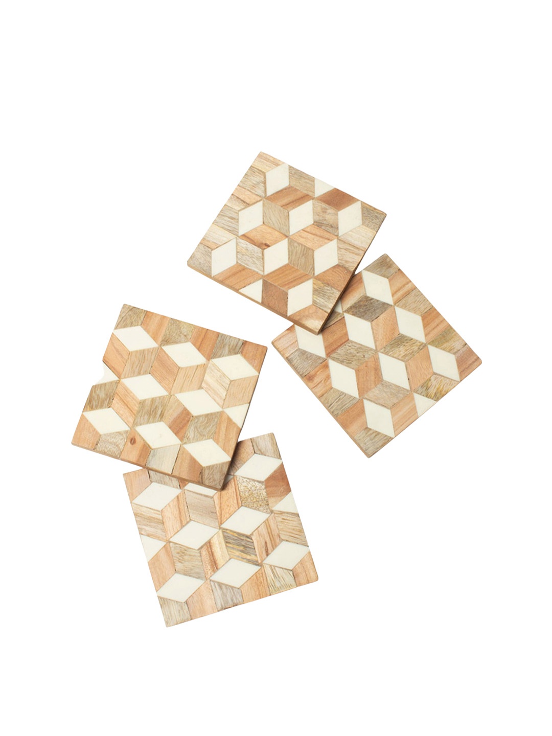 

CASA DECOR Geometrix Brown & White 4 Pieces Rhombus-Patterned Square Wooden Coasters