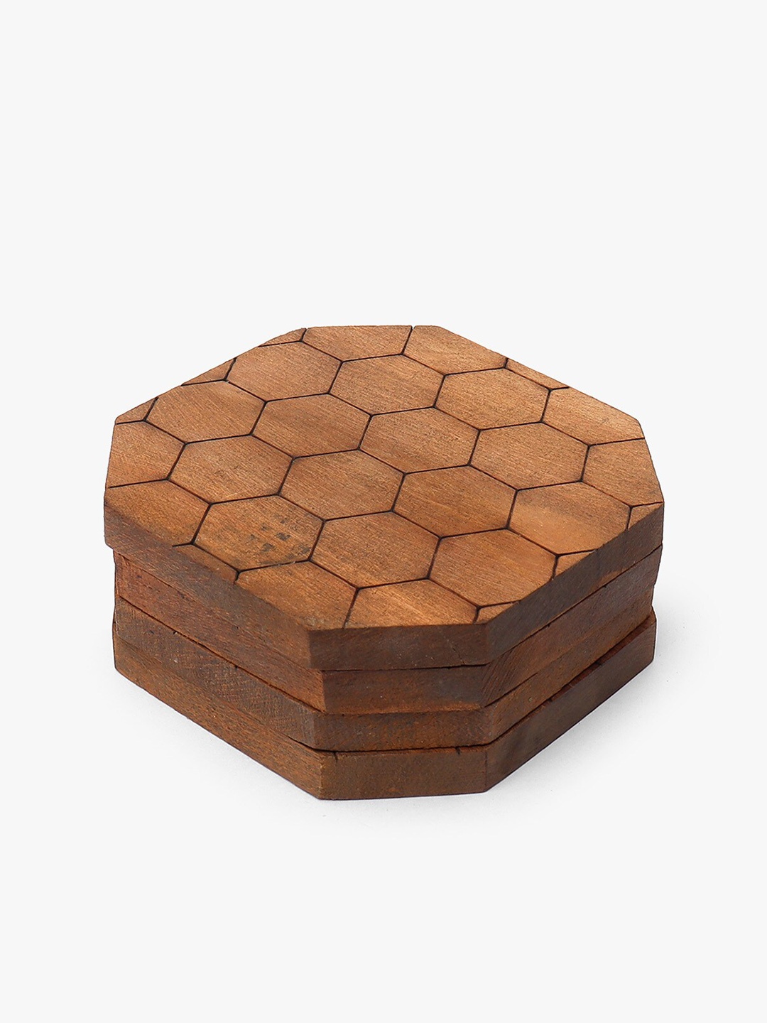 

CASA DECOR Rustic Country 4-Pcs Brown Honeycomb Wooden Coasters