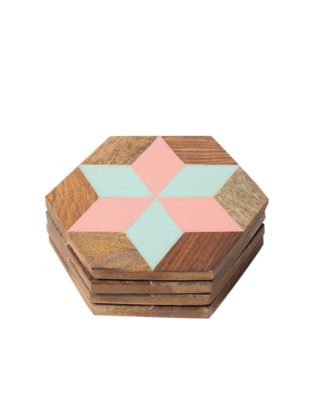 

CASA DECOR Geometrix Brown 4-Pieces Checked Wooden Coaster Set