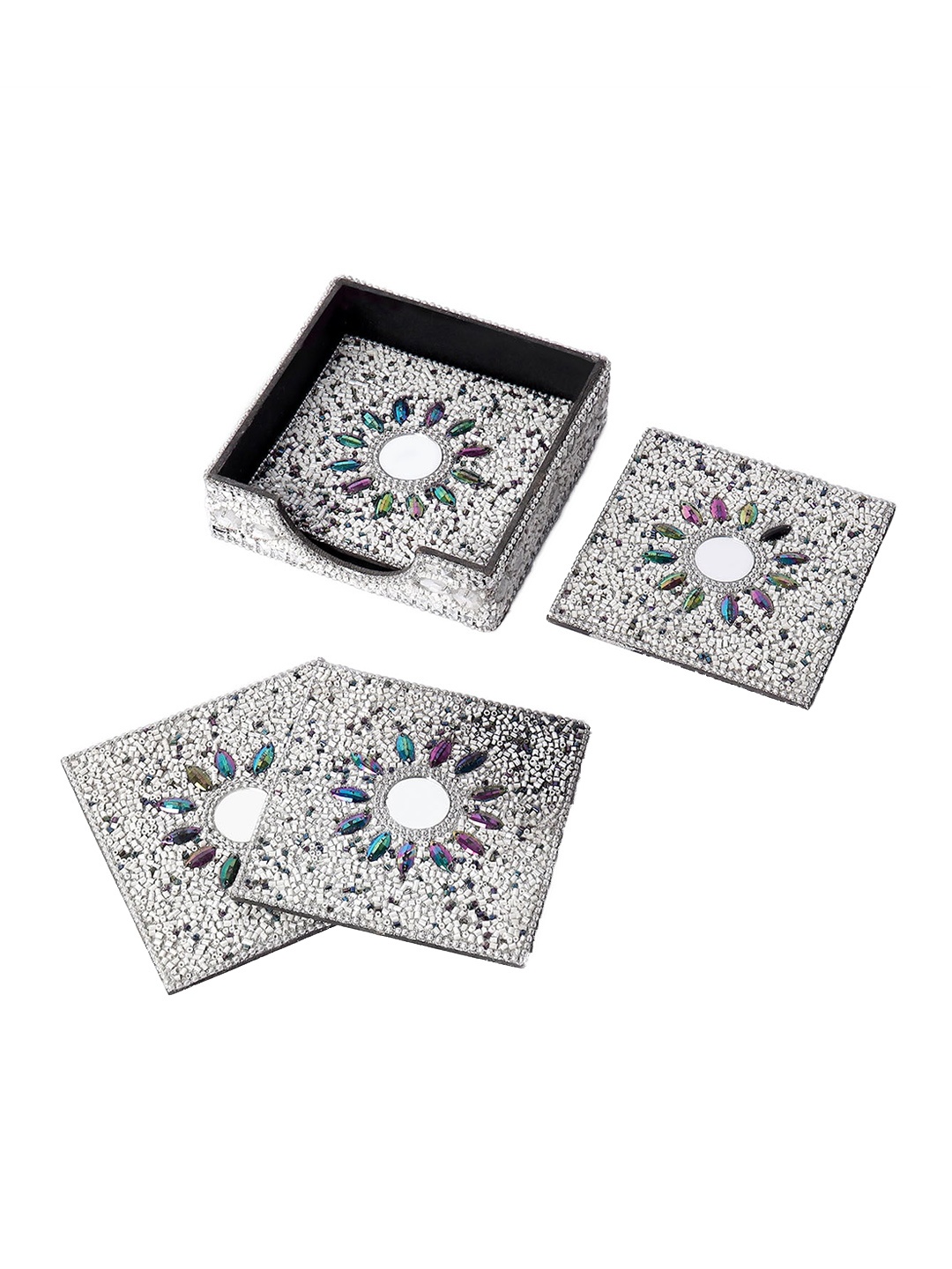 

CASA DECOR Colorful Canvas Grey 4 Pieces Bella Bedazzled Wooden Coasters