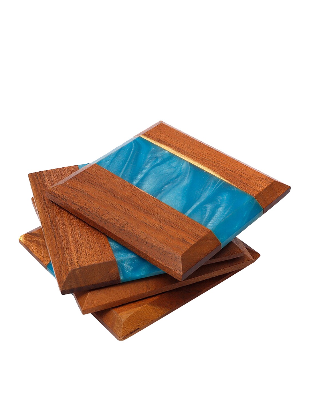 

CASA DECOR Geometrix Brown & Blue 4 Pieces Colorblocked Square Wooden Coasters