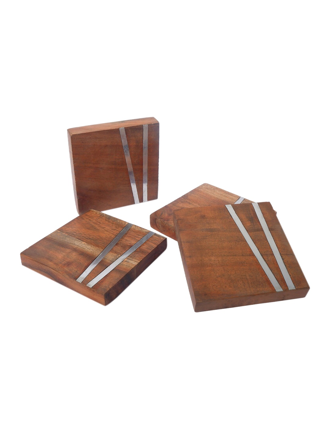 

CASA DECOR Geometrix Brown 4 Pieces Striped Hardwood Coasters