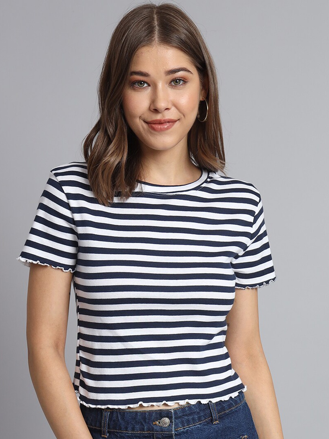 

NoBarr Striped Round Neck Pure Cotton T-Shirt, Blue