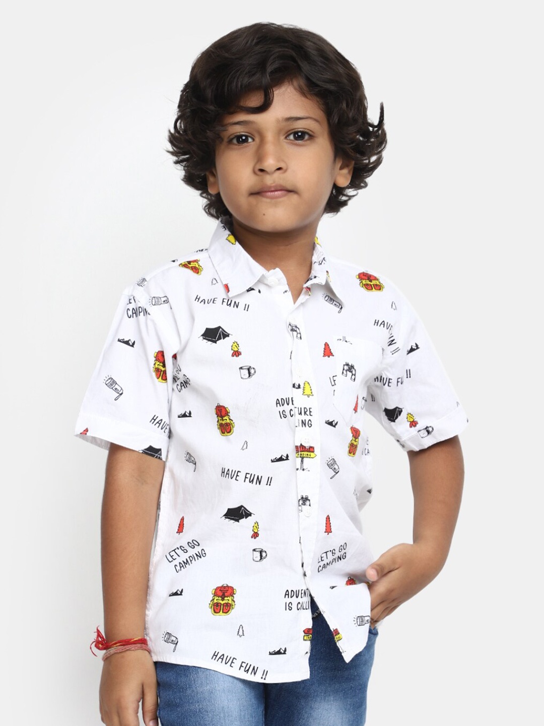 

V-Mart Boys Conversational Printed Spread Collar Casual Shirt, White